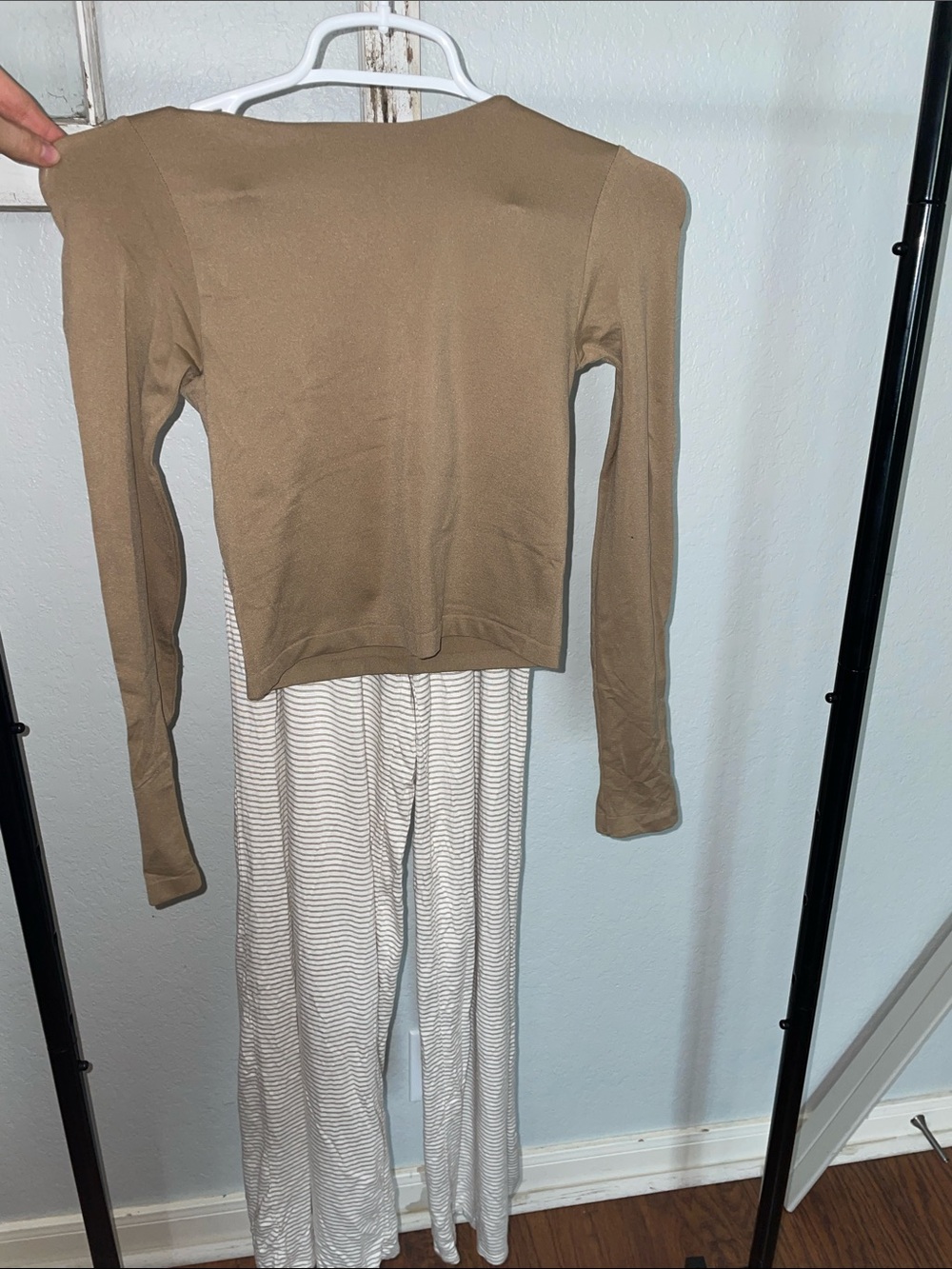 Altar'd State Brown Knit Long-Sleeve Top with Cream Striped Wide-Leg Pants